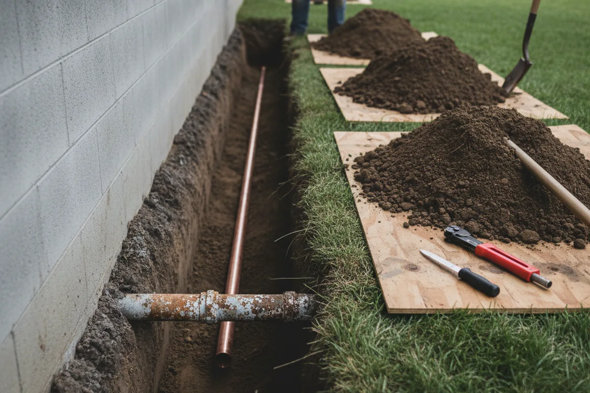 Excavated water line trench during Water Heater Repair in Vass
